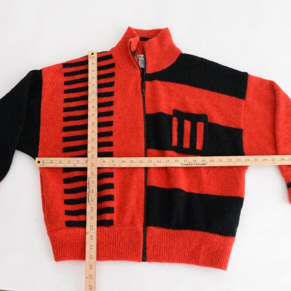 Vintage IB Sport Red Black Block Pattern Fine Knit 48% Mohair Wool Zip Sweater L - Picture 4 of 11